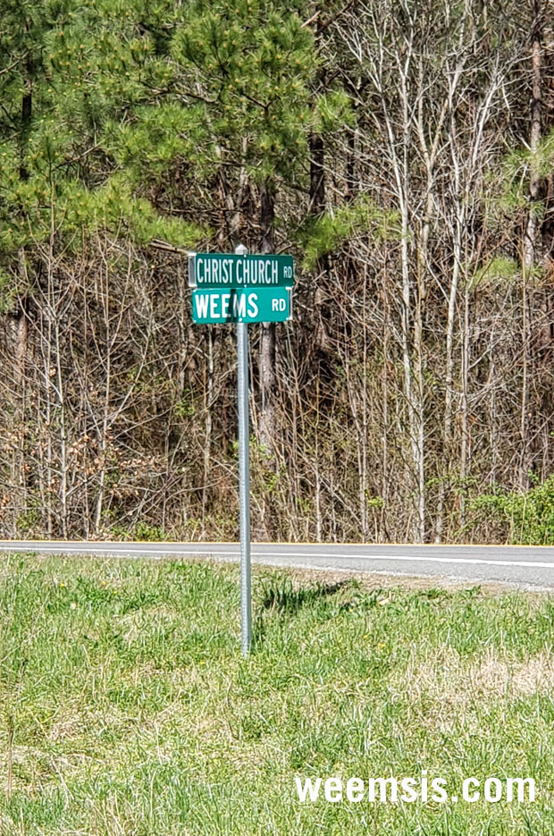 Street Sign for road of Weems and Christ Church near Weems Virginia